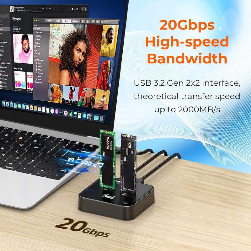 Rosewill Cloner, M.2 Duplicator Dual Bay Enclosure, Tool-Free 20Gbps USB3.2 Gen 2X2 to USB Adapter M.2 Docking Station for M Key PCIE Reader Supports Offline Clone-RS-N2-CL - Image 4